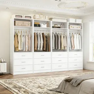 Freestanding Closet System with 3 Wooden Drawers ＆ Hanging Rod, Modular Walk-in Closet Organizer System Wardrobe with Storage Shelves, Space Saving