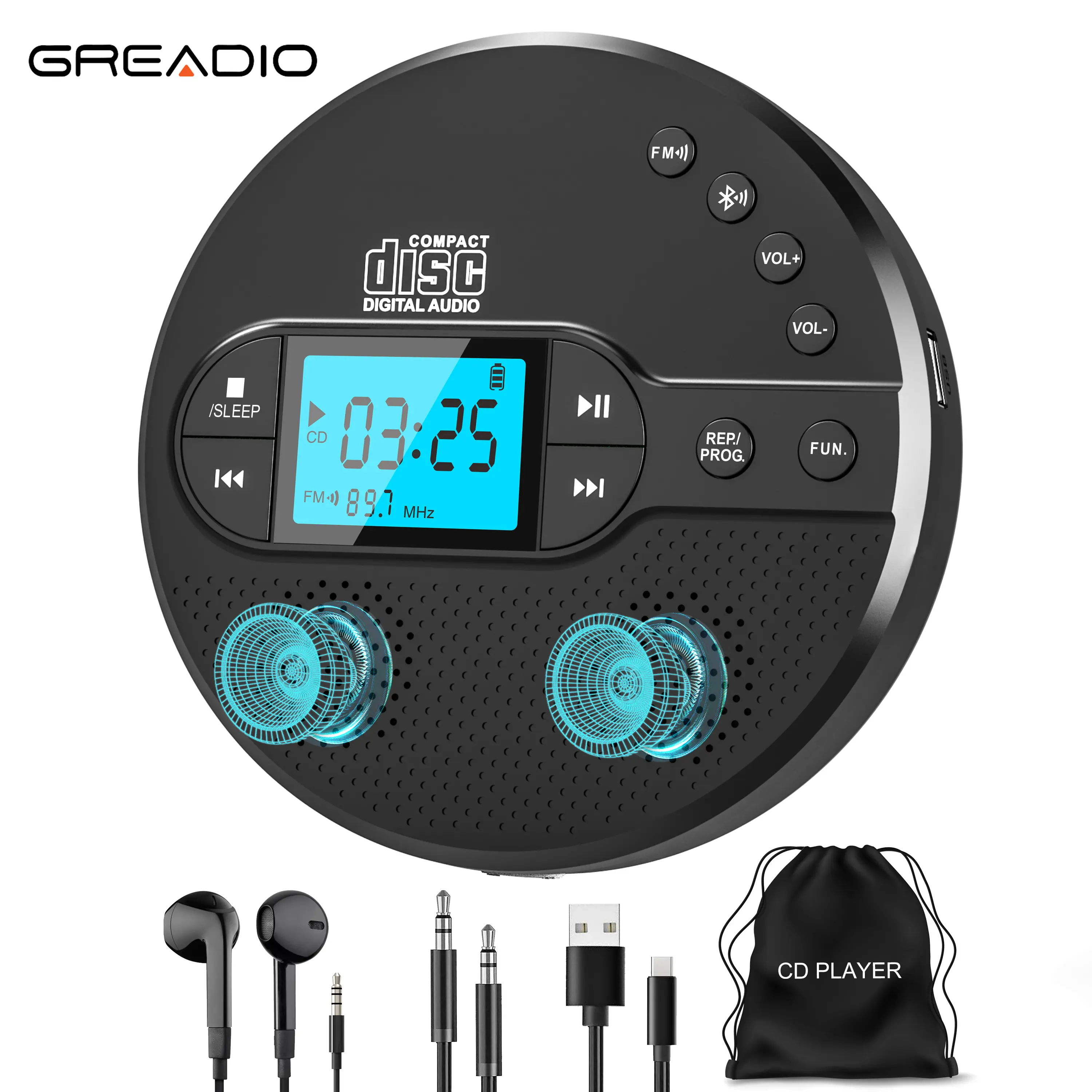 Greadio Compact Portable CD Player with Bluetooth 5.1, Stereo Speakers, FM Transmitter, 2000mAh Rechargeable Battery, Anti-Skip Protection, AUX/USB Ports, LCD Display, for Car & Home Use, Ideal Gift
