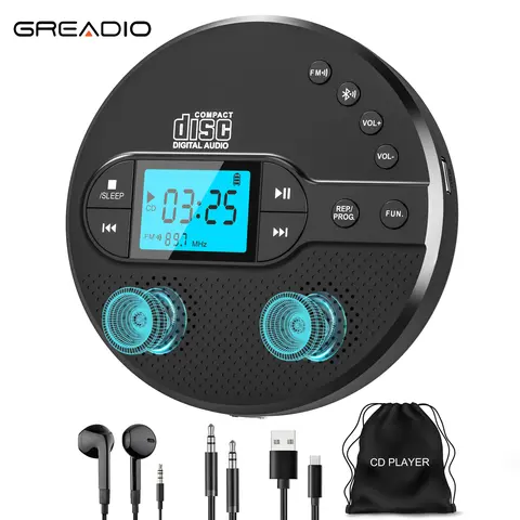 Greadio Compact Portable CD Player with Bluetooth 5.1, Stereo Speakers, FM Transmitter, 2000mAh Rechargeable Battery, Anti-Skip Protection, AUX Input, USB Ports, LCD Display, Hand Controls, CD Support, for Car/Home Use, ABS, Ideal Gift for Father's Day, K