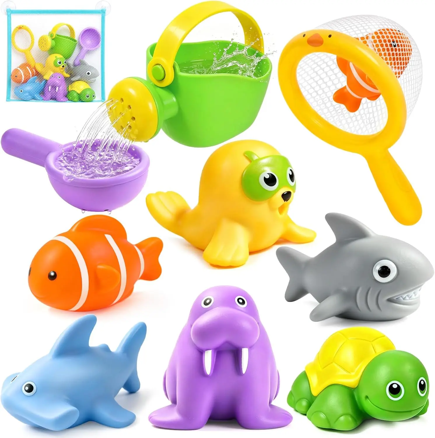 Baby Bath Toys for Toddlers, Ocean Animal Bathtub Toys with Watering Can, Bath Cups & Storage Bag, Floating Easy Clean Water Toys for Kids Bath, Pool & Beach