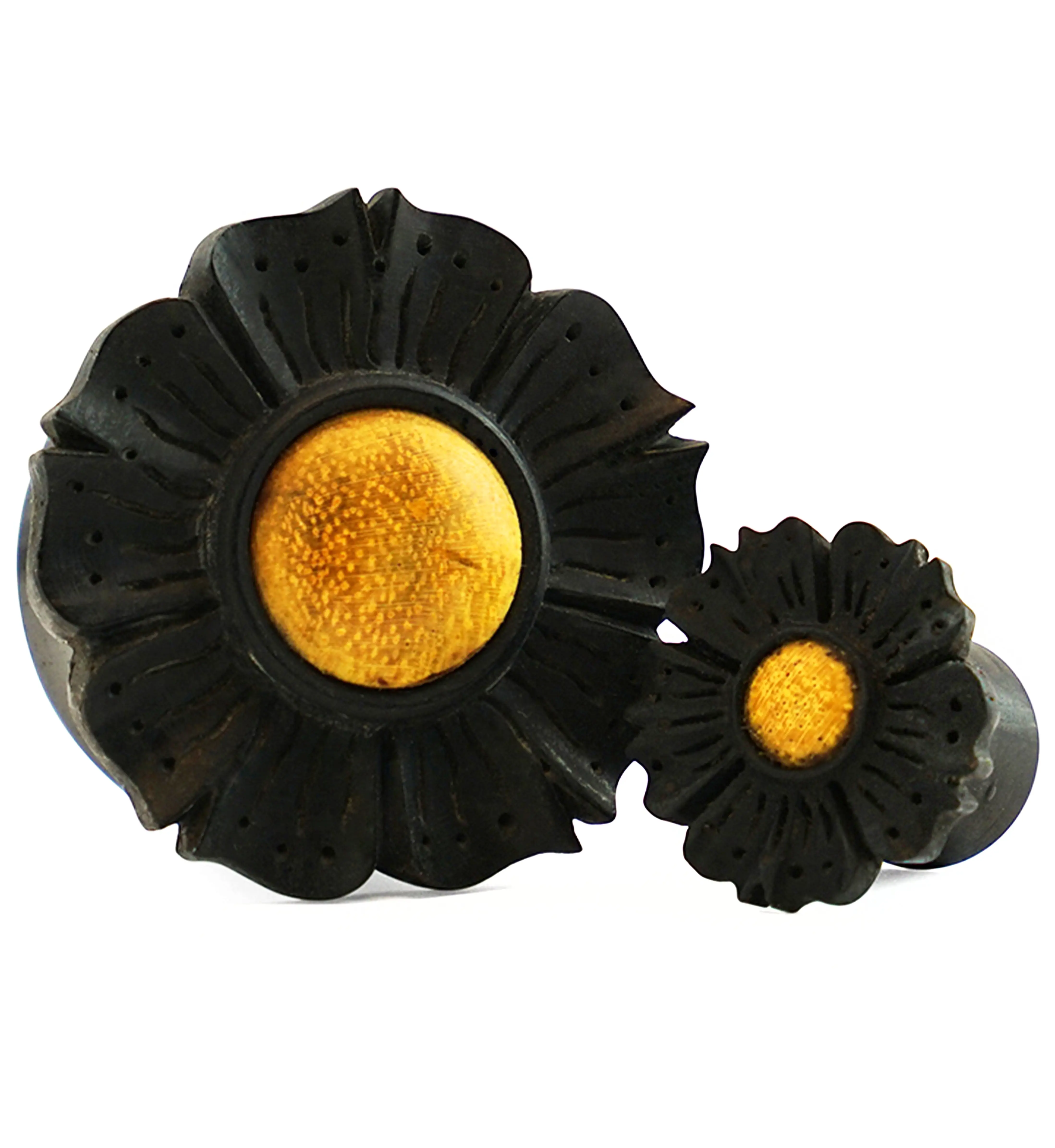 Floral Mayan Flared Wooden Plugs with Jackfruit Wood Inlay
