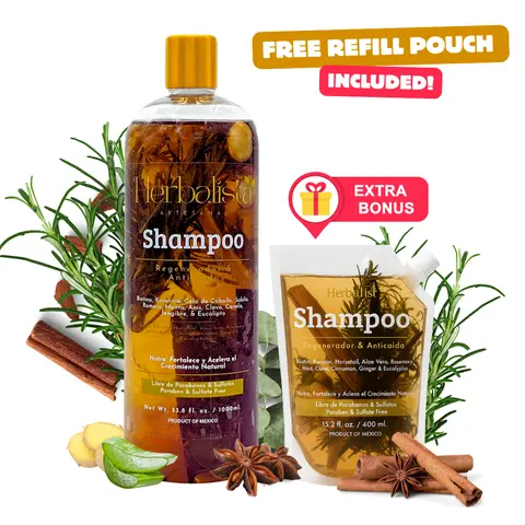 [FREE Refill Pouch Included] Herbalista Viral New Herbal Shampoo 1000ml (33 fl oz) + Travel Size $00ml Shampoo - With Real Pieces of Rosemary, Cinnamon, Anise, Clove, Aloe, Ginger, & Eucalyptus - Fortalece, Regenera, Acelera Crecimiento – 100% Natural