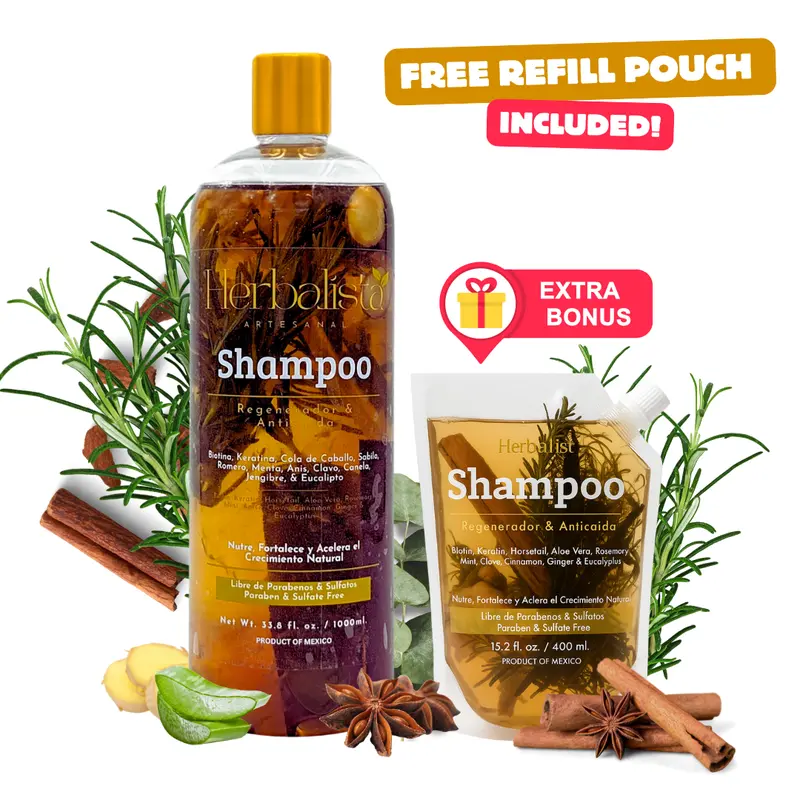 [FREE Refill Pouch Included] Herbalista Viral New Herbal Shampoo 1000ml (33 fl oz) + Travel Size $00ml Shampoo - With Real Pieces of Rosemary, Cinnamon, Anise, Clove, Aloe, Ginger, & Eucalyptus - Fortalece, Regenera, Acelera Crecimiento – 100% Natural