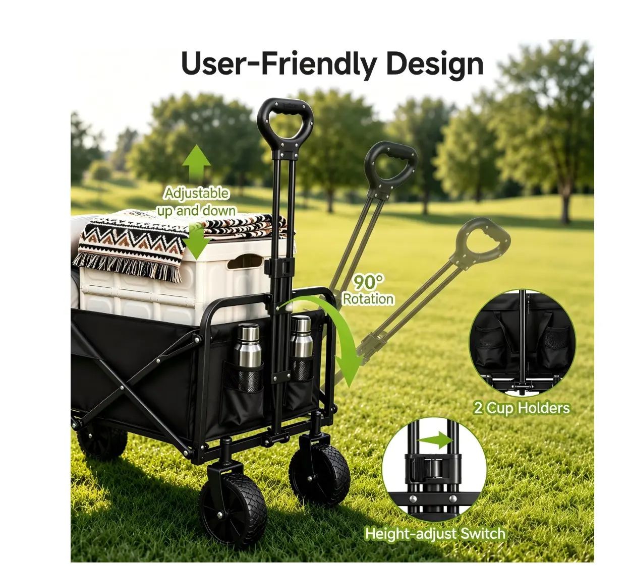Collapsible Wagon with All-Terrain Wheels, Folding Utility Heavy Duty Wagons for Sports, Shopping, Camping, Grocery, Black
