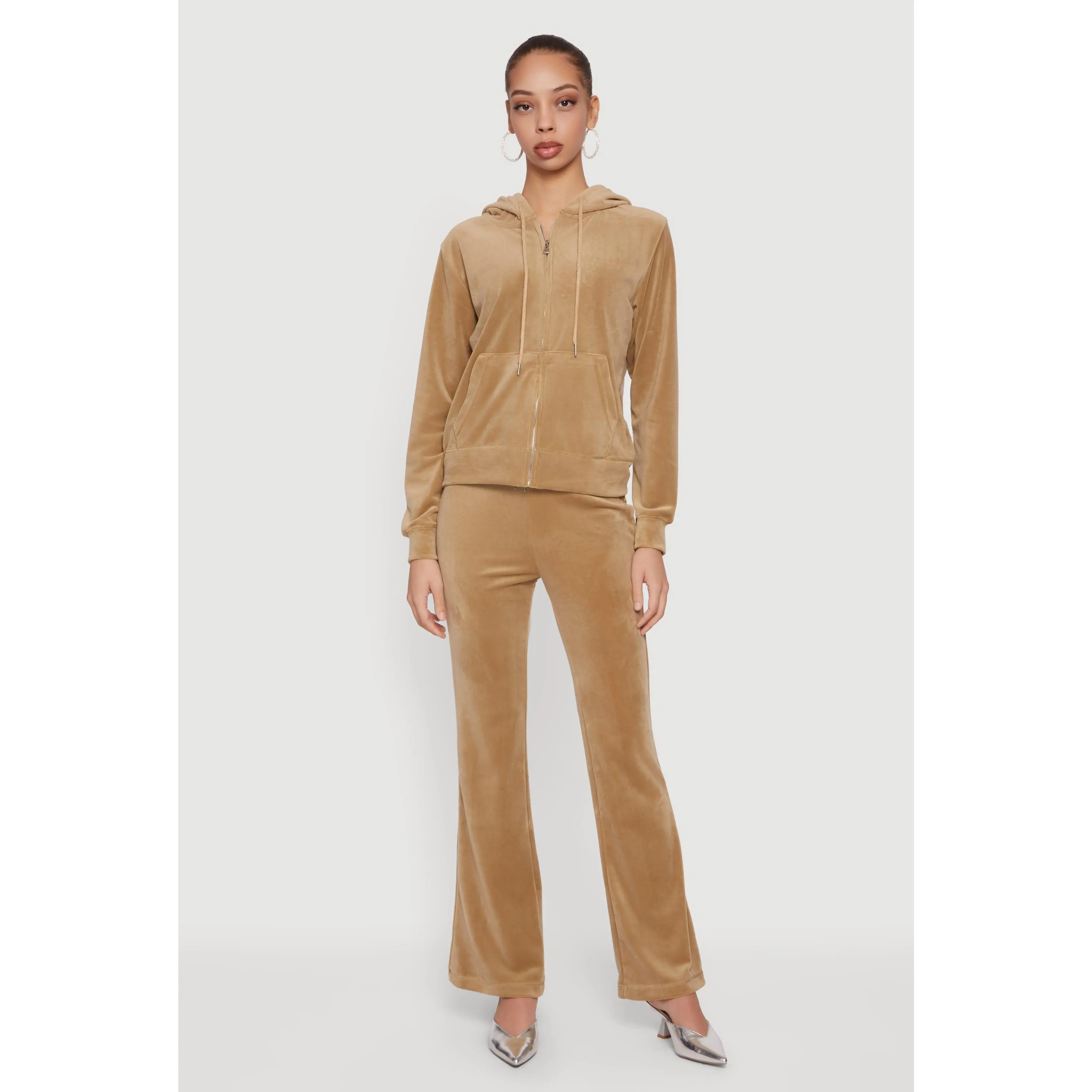 Rhinestone Rampage Velour Drawstring Waist Flare Pants