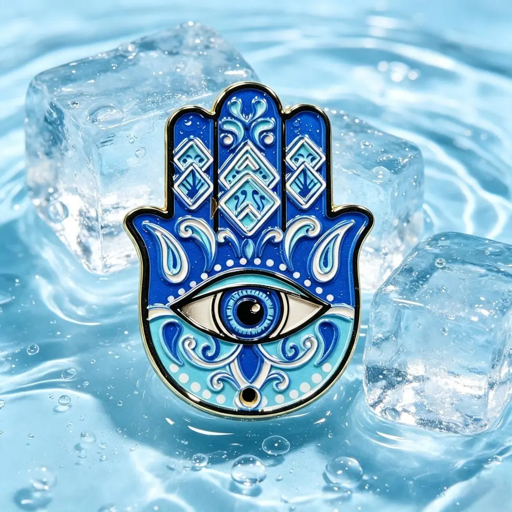 Hamsa Hand Shape Jewellery Brooch Pin - Geometric Ancient Protection Symbol with Deep Blue Crystals & Evil Eye, Unisex Metal Coated for Daily Everyday Travelers, Hamsa+Eye