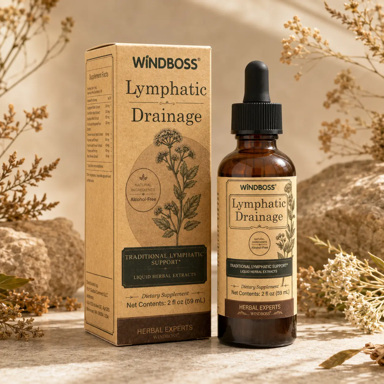 WindBoss Lymphatic Drainage Drops for Daily Wellness, Herbal Liquid Supplement with Dandelion, Elderberry & Botanical Extracts, Alcohol-Free Formula