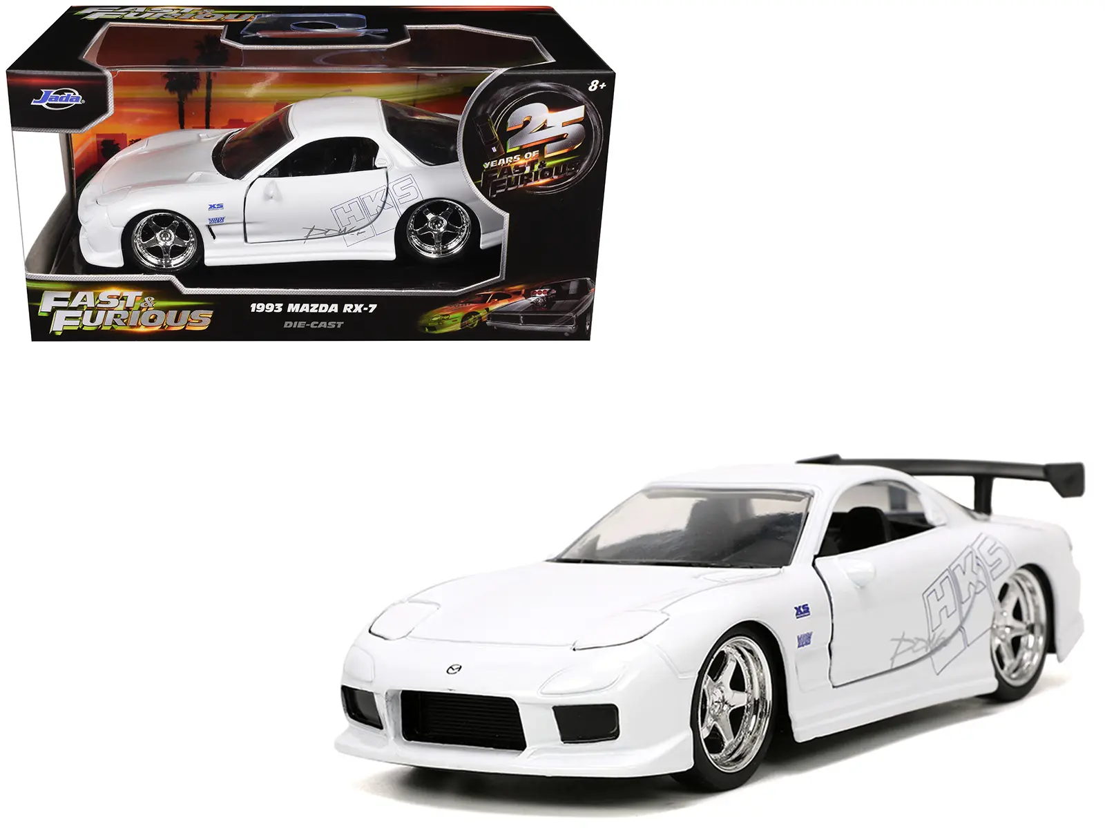 1993 Mazda RX-7 "HKS" White "The Fast and the Furious" (2001) Movie "25 Years of Fast & Furious" 1/32 Diecast Model Car by Jada