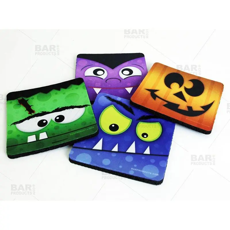 Reusable Foam Protective Placemats & Coasters Set - 3.5 in Square, Dracula Designs, High Quality Imprint, Watermark-Resistant, Condensation-Capturing, Washable Kitchen Tableware for Kids & Adults, Vibrant