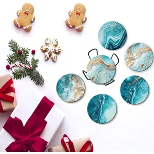 8-Piece Diamond Art Coaster Tableware Set with Holder, Teal Marble Ocean Design, Beginner-Friendly DIY Craft Kit for Kids, Home & Party Supplies for Gifting