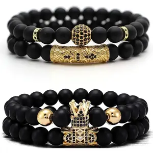 4 Pcs Unisex Crown Charm Stretch Multilayered Bangles Set, Black Matte Onyx Stone with Cubic Zirconia, High-Polished Elastic Rope Daily Wear Fashion Costume Jewelry