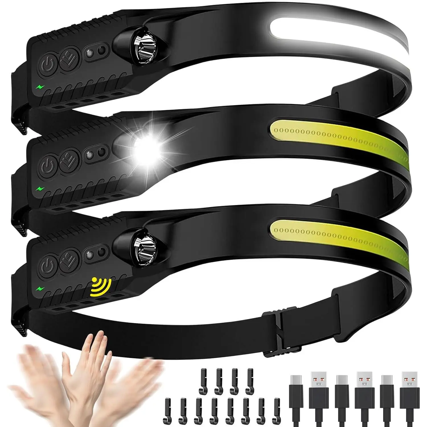 Headlamp Rechargeable (3-Pack), LED  Lamp Flashlight, 230? Wide Beam Headband Light, 400 Lumen Super Bright,  Headlight, Motion Sensor, 5 Modes for Running, Fishing, Hiking, Camping