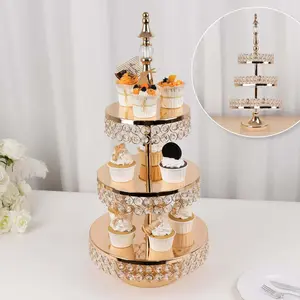 3-Tier Metal Cake Stand 26" Crystal Beaded Gold with Round Mirror Top - Cupcake Tower Dessert Display for Events