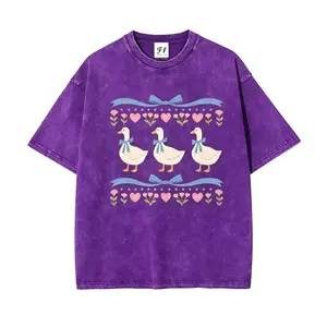 Vintage Washed Black Cute Duck with Blue Bow Oversized Cotton Crew Neck T-Shirt, Cottagecore Floral & Heart Graphic Tee, Retro Coquette Aesthetic Casual Top
