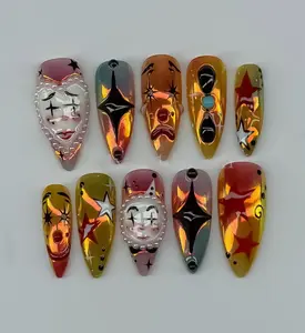 Carnival Chrome Press On Nails – Holographic Starburst Design with Clown Faces, Moons & 3D Details | Funky Circus-Inspired Nail Art for Bold Aesthetics