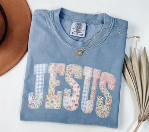 Comfort Colors Jesus TShirt Christian Graphic Tee Faux Quilted Patch Jesus T-Shirt Trendy Faith TShirt Religious Gift for Women Floral Tee