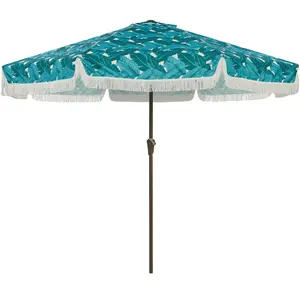 Vintage Fringe Patio Umbrella - 10FT Outdoor Sun Shade Parasol with UV 50+ Protection, 8 Fiberglass Ribs, Heavy Duty Steel Pole, Crank & Tilt for Garden, Beach, Pool, Backyard