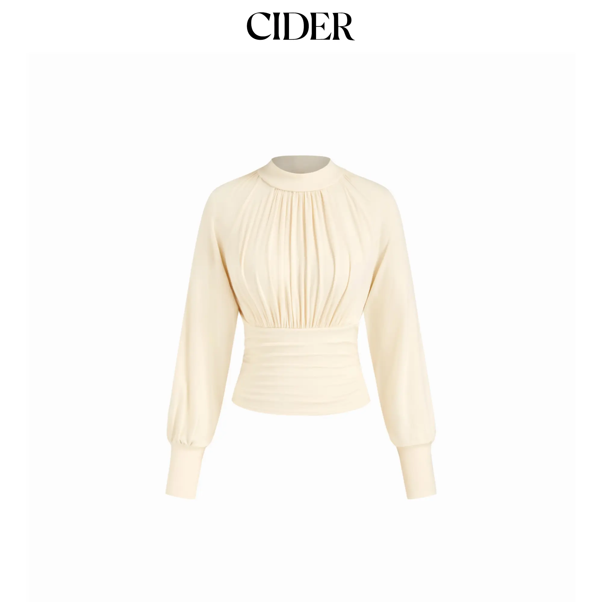 Cider Women's Knit Blouse, Elastane-Rayon Fabric, High Neck, Long Sleeve, Ruched, Cinched Waist, Straight Shoulder, Casual Style, All Seasons, Fashion, Normal Type, Tops