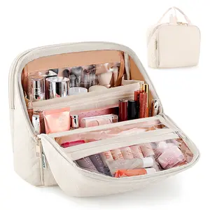 Makeup Bag, Large Capacity Travel Makeup Organizer, Portable Standing Make Up Case, Waterproof Cosmetic Toiletry Bags with Handle, Color Cream White