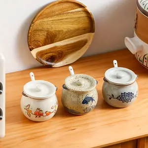 Cute Ceramic Spice Jar, 1 Count Mini Seasoning Jar with Lid & Spoon, Seasoning Spice  Bottle for Home Kitchen Dining Room Barbecue, Container