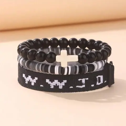 WWJD Letter Beaded Bracelet, Fashionable Cross Charm Decor Beaded Bracelet for Women & Men, Trendy All-match & Exquisite Jewelry for Birthday Gift, Letter Link Bracelet, Cross Beads Bracelet, Cross Bracelets, Beaded Bracelets Set