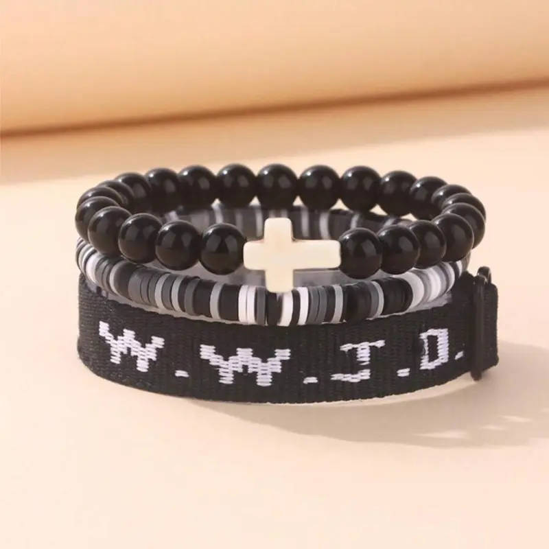 WWJD Letter Beaded Bracelet, Fashionable Cross Charm Decor Beaded Bracelet for Women & Men, Trendy All-match & Exquisite Jewelry for Birthday Gift, Letter Link Bracelet, Cross Beads Bracelet, Cross Bracelets, Beaded Bracelets Set