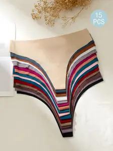 15-Pack Women's Plain Underwear Set, Soft Breathable G-Strings, Asymmetrical Design, Mid Waist, Casual All-Seasons Wear, Ladies' Clothing