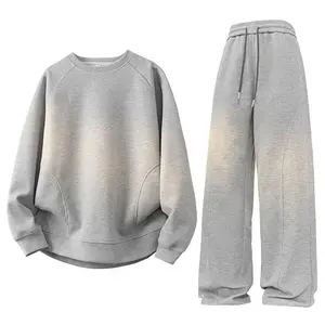 Casual wear for spring and autumn; waffle-knit sweatshirt set; unisex two-piece athletic outfit; loose, casual streetwear long-sleeve sweatshirt and pants two-piece set; student crewneck solid-color long-sleeve sports tracksuit set