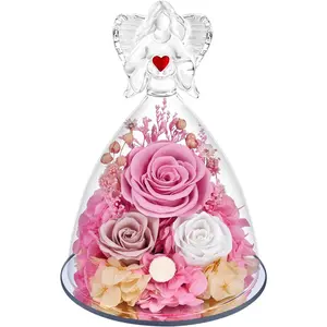 Preserved  in Glass Angel Figurine with LED Light,Forever Real Roses  Eternal Flower Birthday Glitter Decorations for Her Women Mom Grandma Sister ()