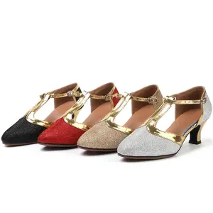 Women’s Glittery Latin Dance Shoes - Lightweight, All-Season, Pointed Toe with Golden Accents, & Rubber Sole for Jazz, Salsa, and Outdoor Events