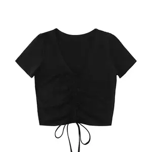 Black V-Neck Short Sleeve Crop Top with Drawstring Detail for Women