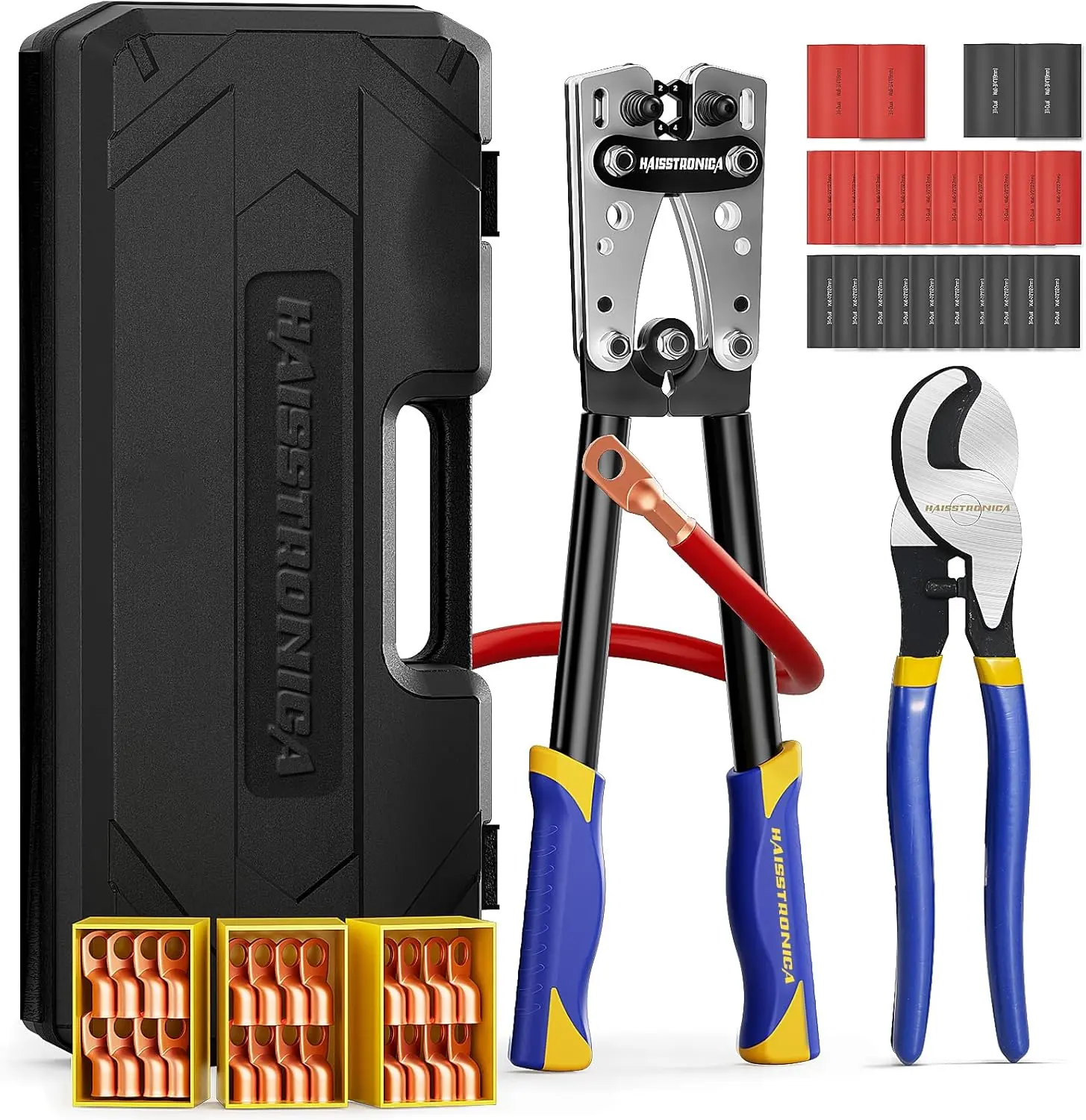 Haisstronica Heavy Duty Ratchet Hex Extended Handle Battery Cable Crimping Tool Kit for 8,6,4,2,1,1/0 AWG Copper Lugs, with Blow Molded Box, Cable Cutter, 48PCS Copper Lugs & Heat Shrink Tubing
