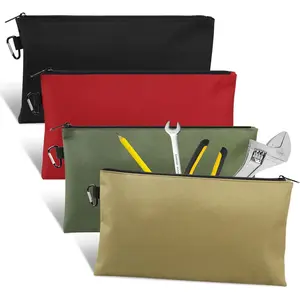 4 Pack Tool Bag, Premium Tool Pouch Zipper Bag, 12" Tool Pouch with Zipper, Multipurpose Storage Pouch with Carabiner for Tools, Stationary, Pencil Pouch, Gadgets,Quesear