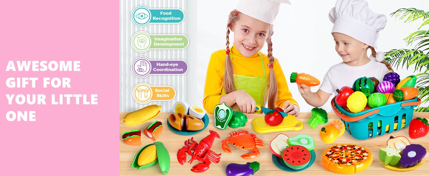 100 Pcs Play Food Set for Kids Kitchen, Pretend Food Toy for Toddlers Age 1-3, Plastics Cutting Fake Food/ Fruit/ Vegetable Accessories with 2 Baskets, Birthday Gifts for 2 3 4 5 Years Old Boys Girls