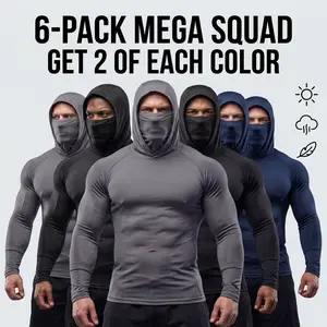 6-piece set men's outdoor work sun protection clothing with sun-blocking hoodie, featuring built-in face mask and neck guard, breathable long-sleeve hoodie