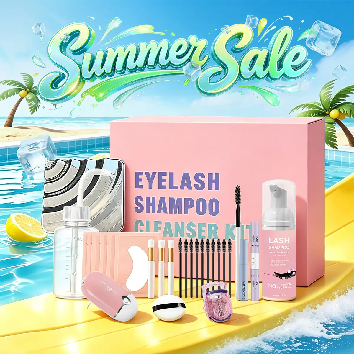 uCoolMe DIY Lash Aftercare Cleansing Multi-Pack - Lash Clusters Kit with Shampoo, 2-in-1 Bond Sealer & Makeup Remover, Beginner-Friendly Tools, Mirror, Eyebrow Summervibes (Stockup Option)