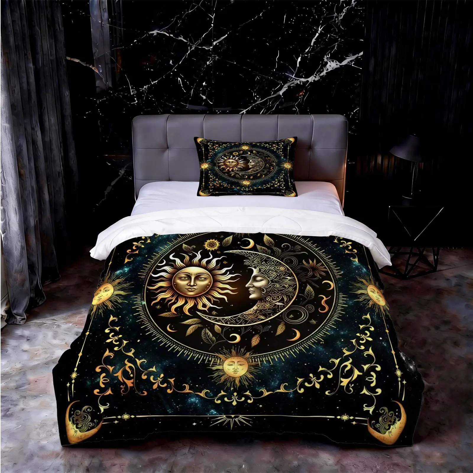 Celestial Sun & Moon Print Comforter Set, 2/3 Pieces (1 Comforter + 1/2 Pillowcases), Boho Bedding, Soft & Breathable with U-Shape Quilting, Ideal for Teens & Adults Bedroom Decor, Perfect All-Season Gift, Comfy Bedding Set