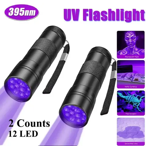 2-Pack Portable 12-LED UV Flashlights, 395nm Mini UV Pen Light for Counterfeit Bill, Pet Stain, Urine Detection, Bug Detection, Insects, and Fluorescent Paint, Compact Aluminum Handheld Lamp, Portable Lighting (Battery Not Included)