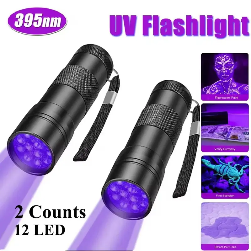 2-Pack Portable 12-LED UV Flashlights, 395nm Mini UV Pen Light for Counterfeit Bill, Pet Stain, Urine Detection, Bug Detection, Insects, and Fluorescent Paint, Compact Aluminum Handheld Lamp, Portable Lighting (Battery Not Included)