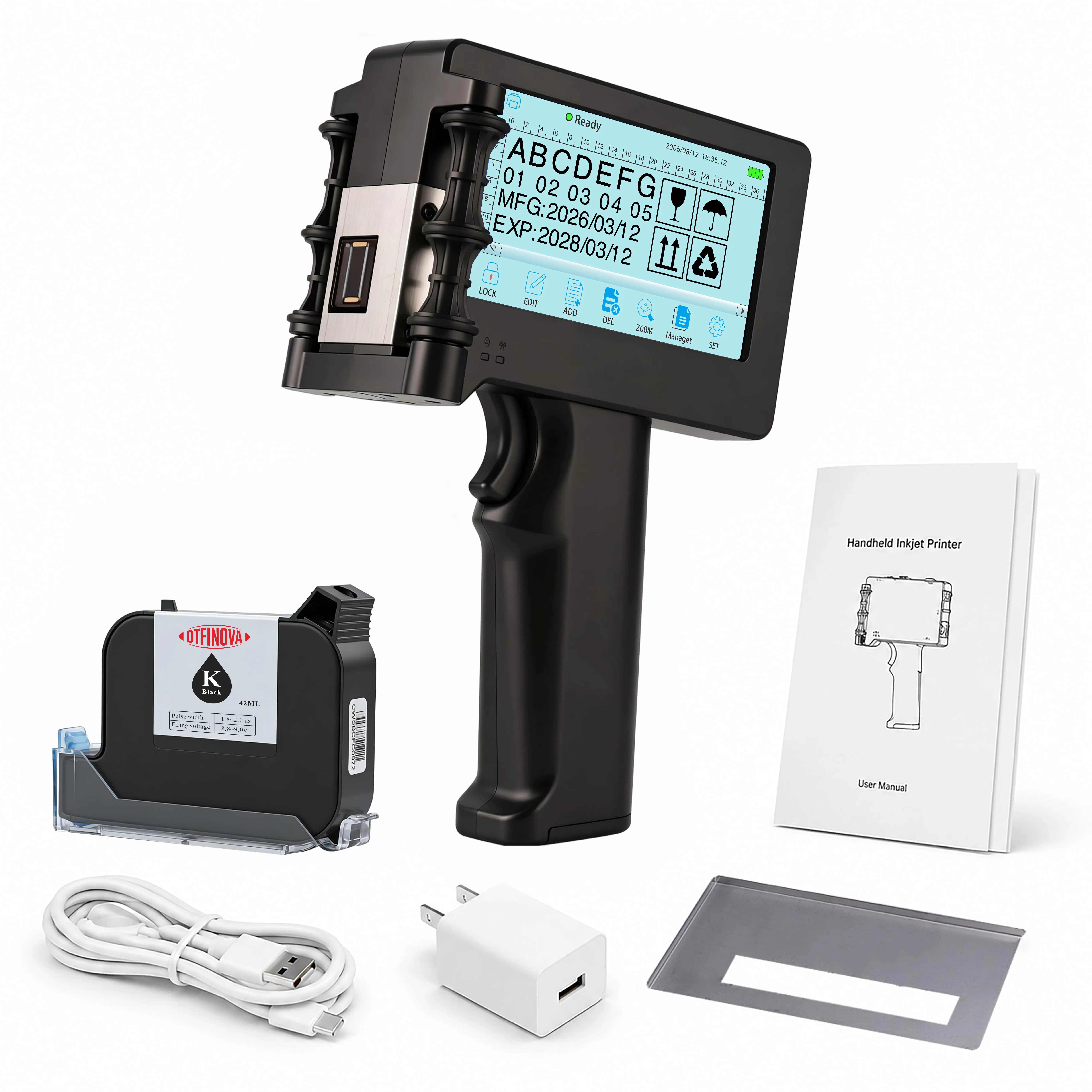 DTFINOVA Handheld Inkjet Printer, Portable Coding Machine, Date Code & Barcode Printer with Touchscreen, QR Code Logo Printing for Cardboard Plastic Metal Glass