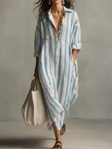 Women's Commuter Casual Vacation Two-In-One Vertical Stripe Shirt Dress, Breathable Linen-Like Loose Fit Plus Size Long Dress