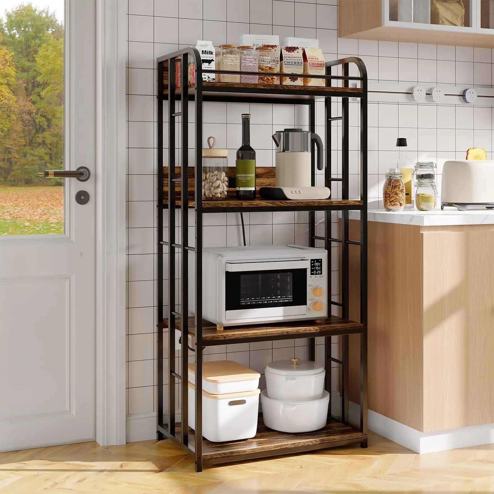 Garvee 4-Tier Adjustable Bakers Rack with Power Outlet, Heavy-Duty Metal Frame – Freestanding Microwave Stand & Utility Shelf for Kitchen, Living Room, Garage – Practical Storage Organizer