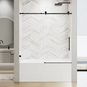 60" W x 60" H Frameless Single Sliding Shower Door, Soft-Close Matte Black Bathtub Door, 5/16" (8mm) Clear Nano-Coated Tempered Glass with Stainless Steel Handle    RR