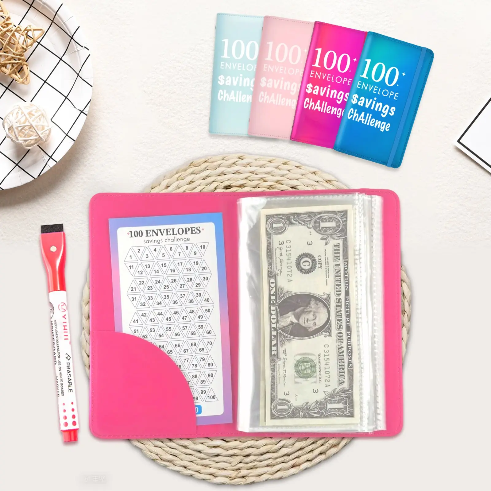 100 Days $5050 Money Saving Challenge A6 Budget Binder, No-Fold Cash Organizer with Marker, Savings Tracker Book, Ideal Gift for Family