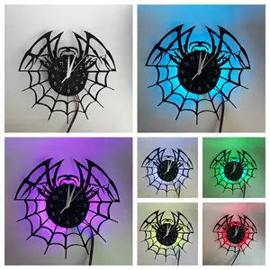 Cool Spider Web LED Vinyl Record Wall Clock, Halloween Decoration, Game Room Setup, Superhero Gift, Unique Home Decor