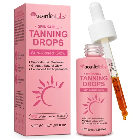 Acentiallabs Drinkable Tanning Drops - UK Self Tanning Water, 1mg Beta-Carotene Melanin-Boosting UV-Free Glow, Hydrating Vitamin C Brightening Self-Care, Radiant Tan Accelerator, Watermelon Flavor, 50ml (Back to School)