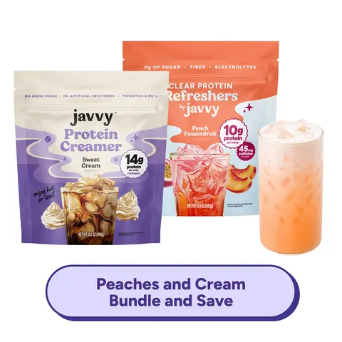 Javvy Peaches & Cream TikTok Exclusive Bundle - Peach Passionfruit Clear Protein Refresher + Sweet Cream Protein Creamer - 10g + 14g Protein, 45mg Caffeine, 0g Sugar, Fiber, Electrolytes & MCTs, Naturally Flavored, Just Add Water