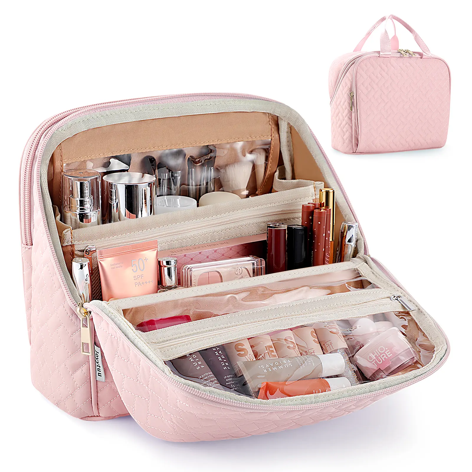 Light Pink Makeup Bag - Large Capacity Portable Vanity, Waterproof Travel Organizer with Handle for Makeup Organization, Standing Cosmetic Toiletry Case