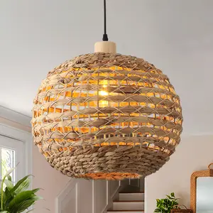Boho Pendant Lights Kitchen Island Rattan Lights Fixture for Dining Room 15.8" Hand-Woven Chandelier Weaving Hanging Ceiling Light for Restaurant Living Room Bedroom Foyer Hallway