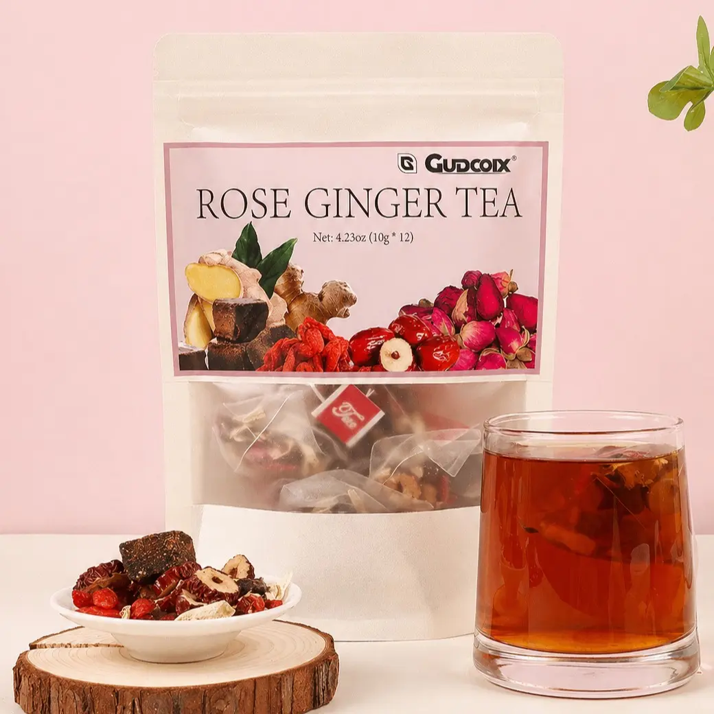 GUDCOIX Rose Ginger Tea – 12 Tea Bags, 120g (4.23oz), Caffeine-Free Herbal Tea with Red Ginseng, Goji Berry, Red Dates, Astragalus & Licorice, Individually Wrapped